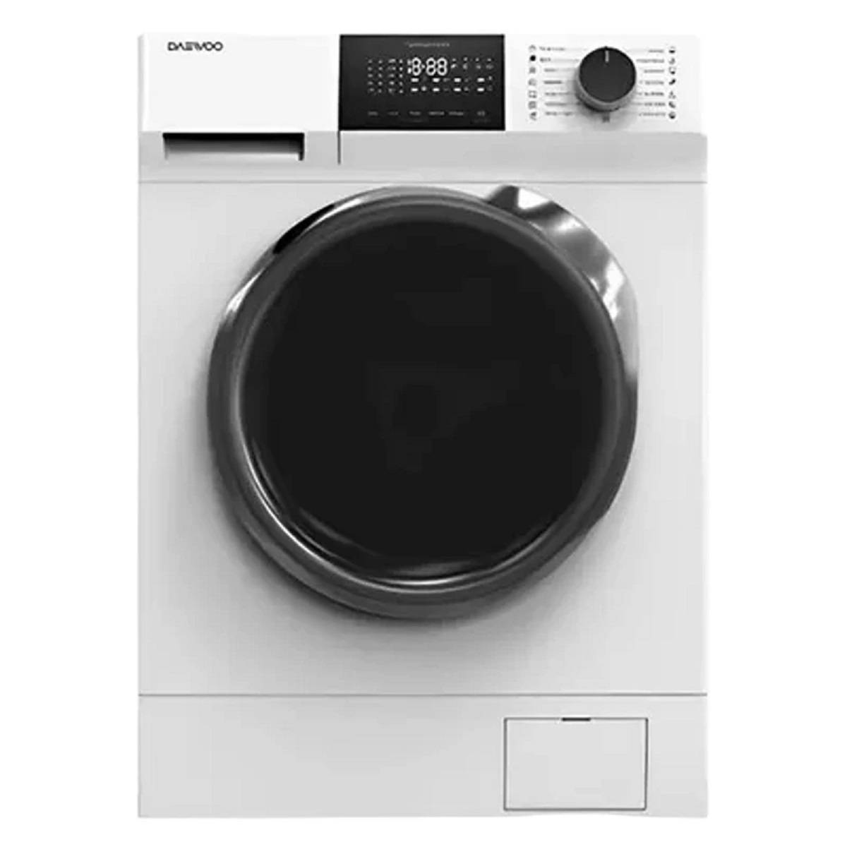 ماشین لباسشویی دوو مدل LM-811W سفید، درب از جلو، ظرفیت ۸ کیلوگرم، نمایشگر LED لمسی.