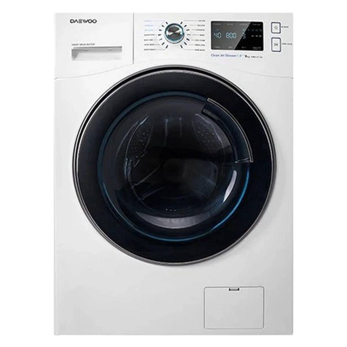 ماشین لباسشویی دوو مدل LM‑881 سفید با ظرفیت ۸ کیلوگرم و طراحی درب از جلو